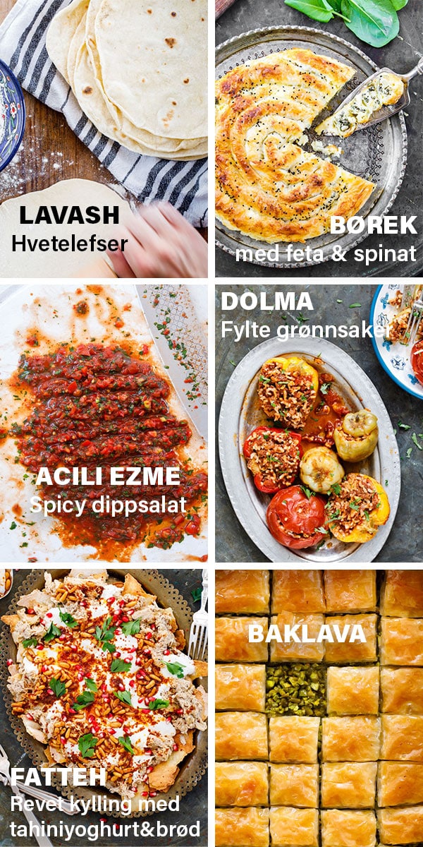 Bilde av 6 retter fra Hummus & granateple: Lavash, børek med fetaost og spinat, spicy dippsalat, dolma, fatteh med kylling og baklava